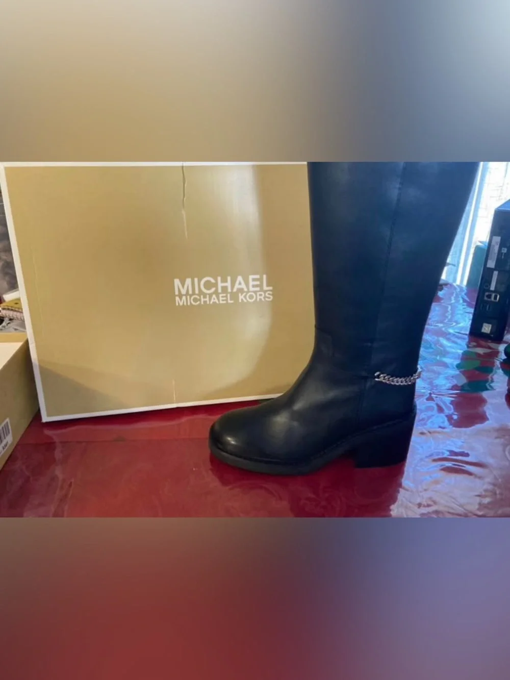 Michael Kors Black Knee-High Leather Rain Boots with Chain Detail